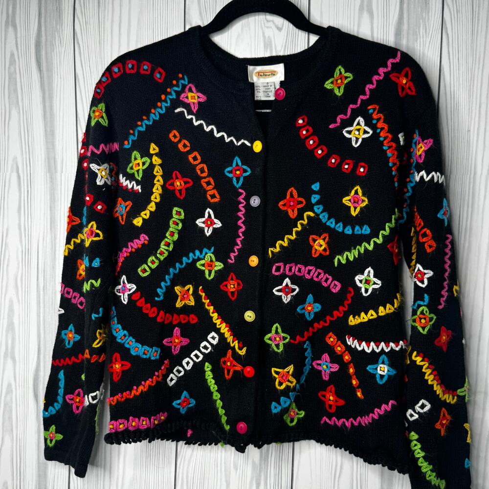 Vintage 90s Talbots Embroidered ZigZag Retro Funky Multicolor Cardigan Small